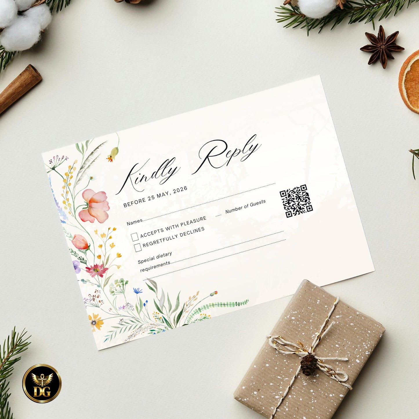 Cream Gold Wildflower Wedding Invitation Editable Canva Boho Floral Suite