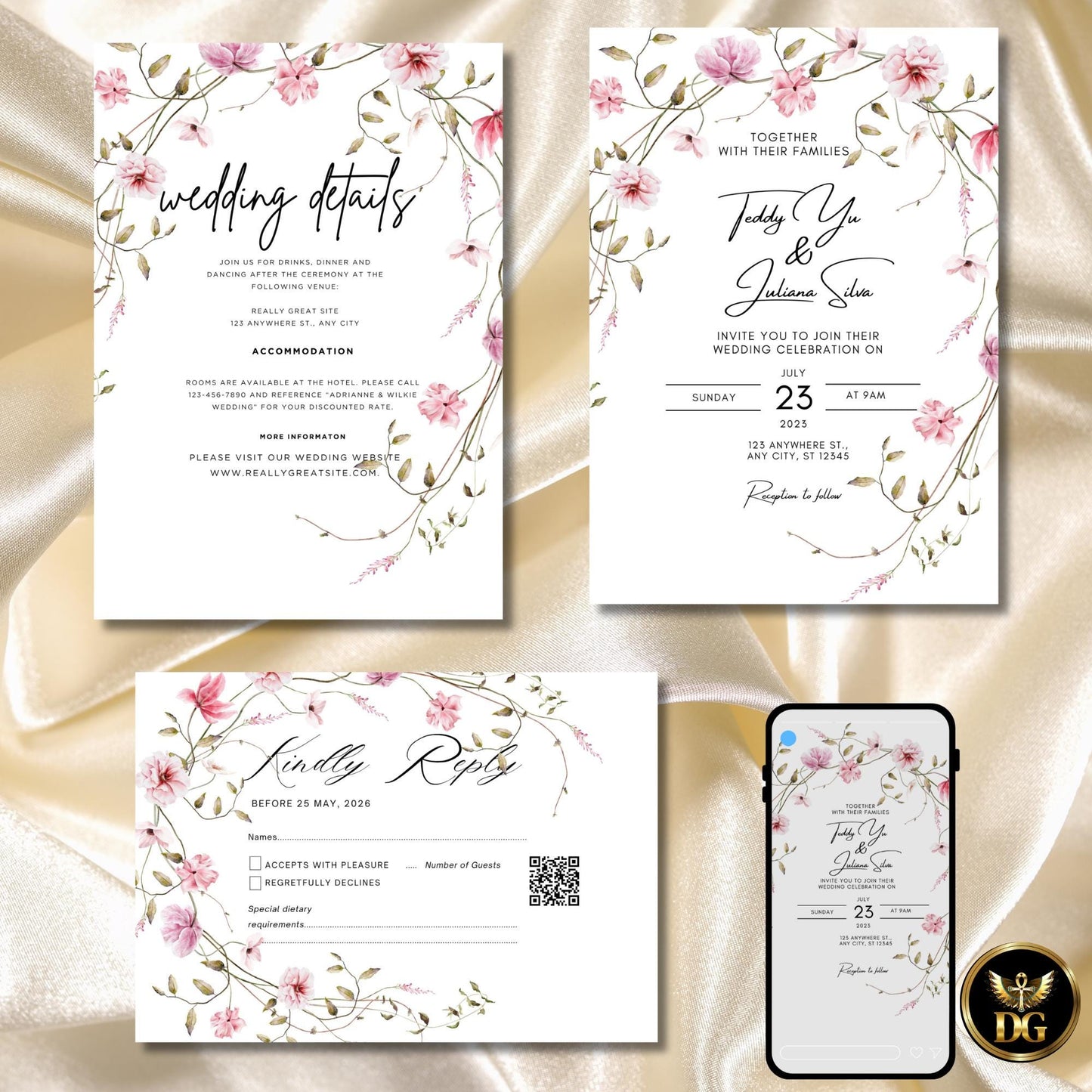 Delicate Pink Wildflowers Wedding Invitation Editable Canva Boho Floral Suite