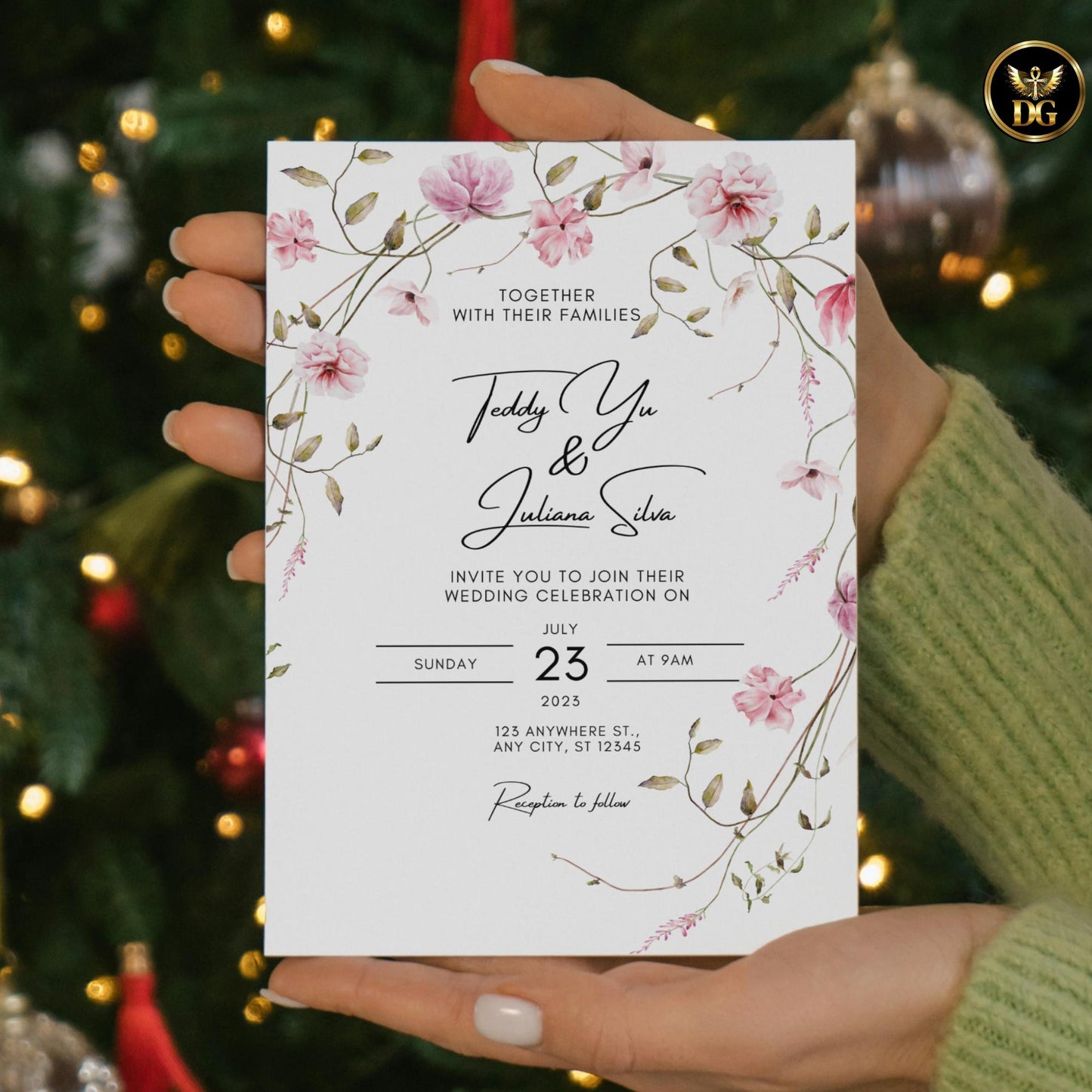 Delicate Pink Wildflowers Wedding Invitation Editable Canva Boho Floral Suite