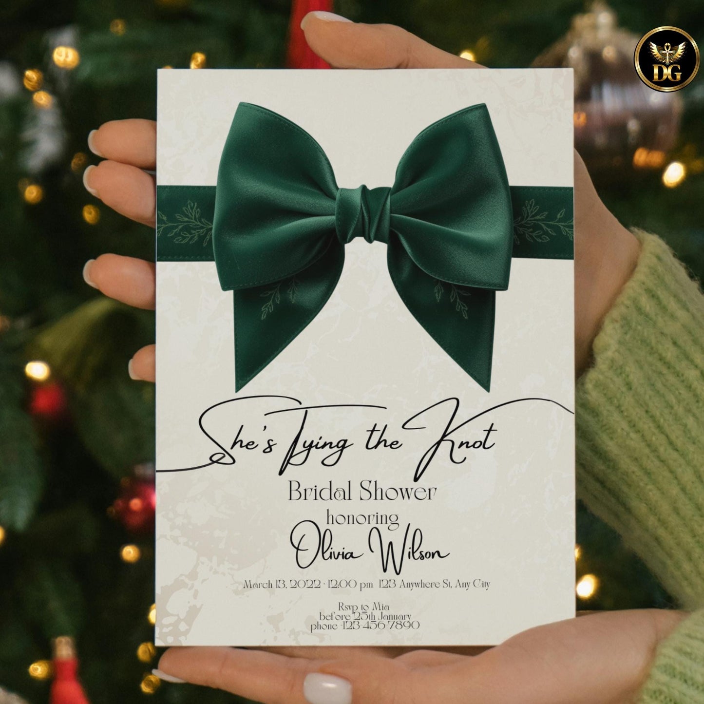 She’s Tying the Knot Bridal Shower Invitation | Emerald Green Velvet Bow | Cream Gold Elegant Design | Printable & Digital Invite