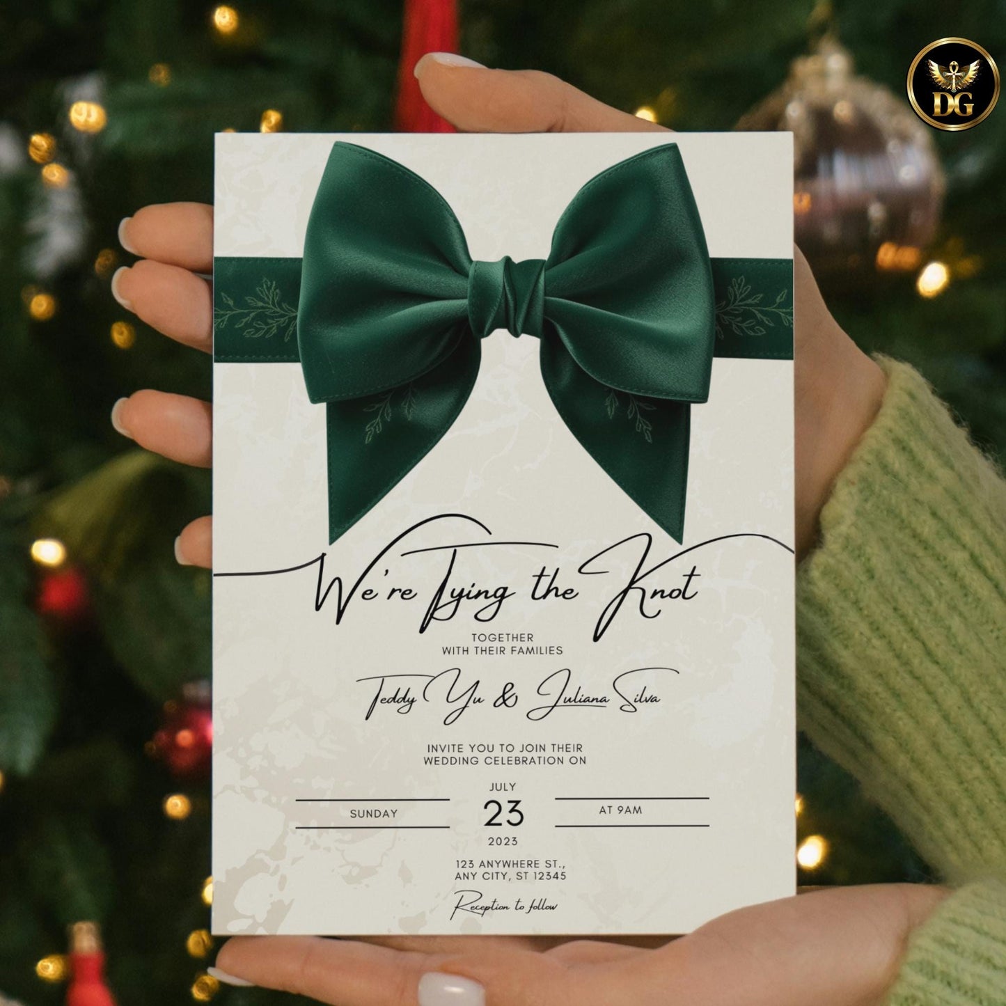 Luxury Wedding Invitation Template | Emerald Green Velvet Bow on Cream Gold | We're Tying the Knot Digital Editable Invite Instant Download