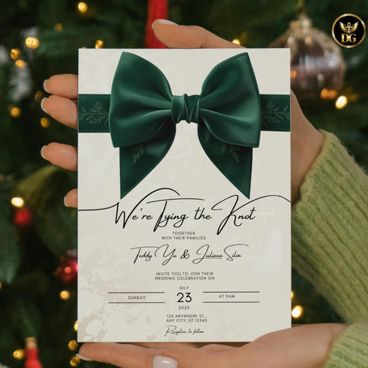 Luxury Wedding Invitation Template | Emerald Green Velvet Bow on Cream Gold | We're Tying the Knot Digital Editable Invite Instant Download