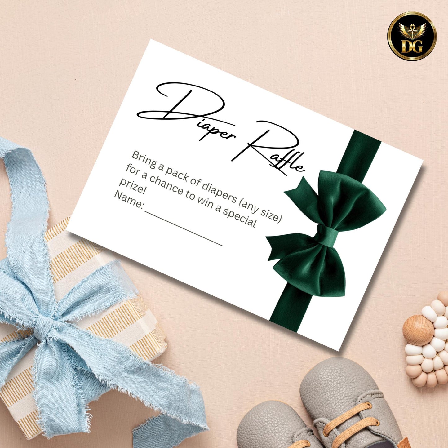 Diaper Reveal Card 3.5x5 | Baby Shower Diaper Raffle Card | White Background Green Velvet Bow | Printable Baby Shower Game