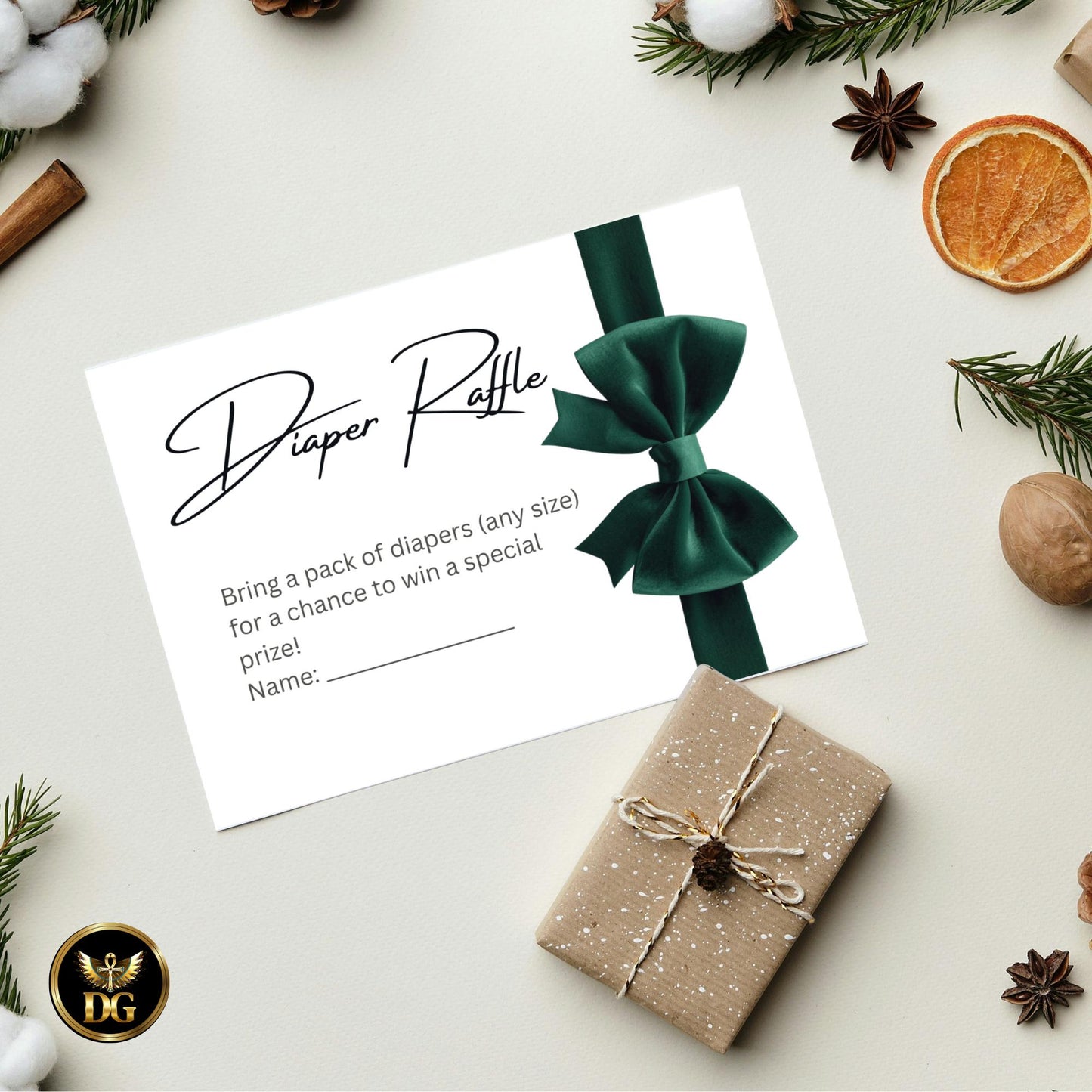 Diaper Reveal Card 3.5x5 | Baby Shower Diaper Raffle Card | White Background Green Velvet Bow | Printable Baby Shower Game