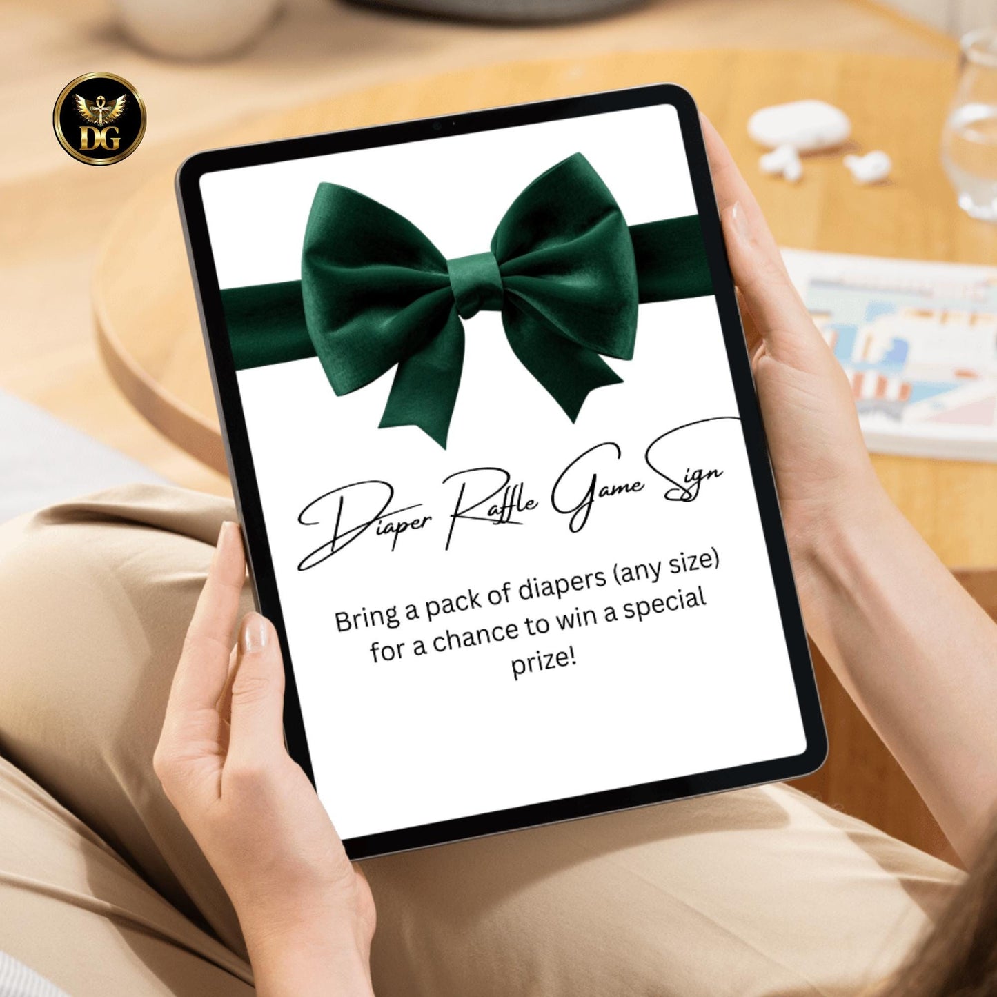 Diaper Reveal Sign 8x10 | Baby Shower Diaper Raffle Game | White Background Green Velvet Bow | Printable Baby Shower Game