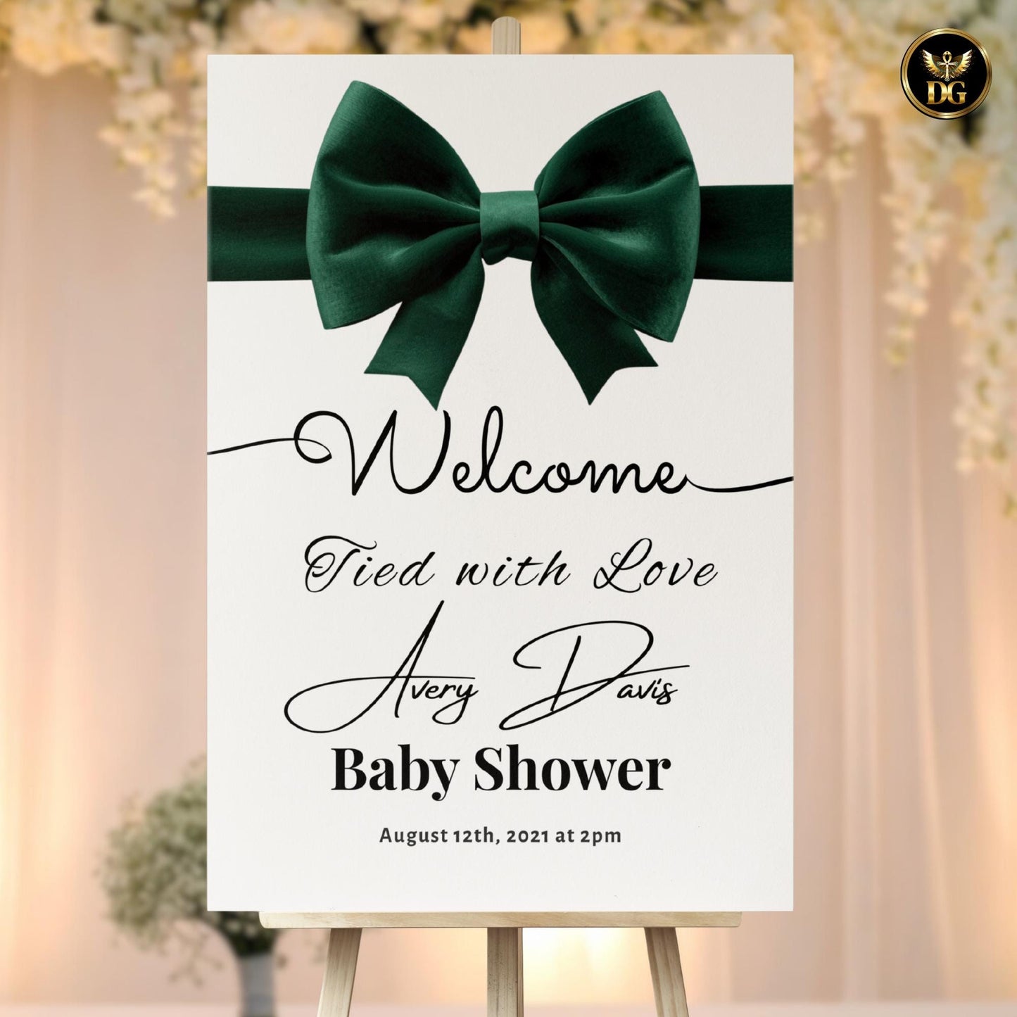 Elegant Welcome Sign - White Background with Large Green Velvet Floral Design - 3 Sizes Available Custom Sizes 16x20, 18x24, 24x36