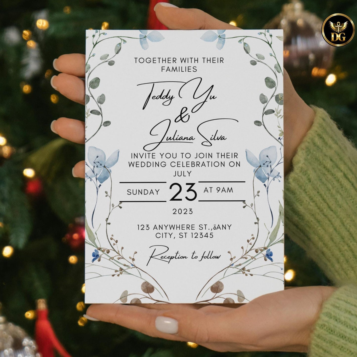 Blue Wildflower Wedding Invitation Template, Boho Garden Wedding Invite, Editable Canva Invitation Suite, Minimalist Floral Design