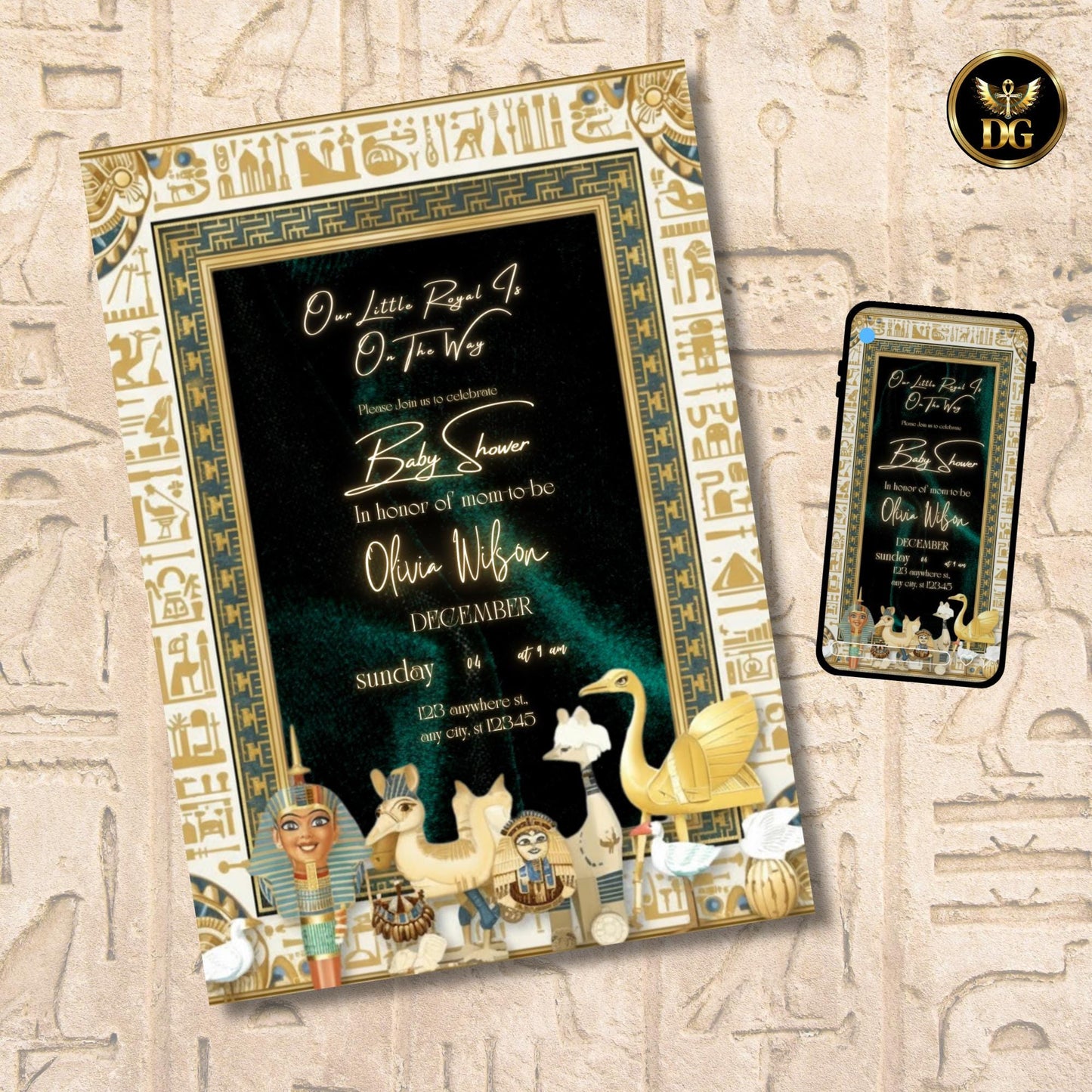Royal Pharaoh Baby Shower Invitation | Emerald Green Velvet, Gold & White Egyptian Theme | Editable Canva Template for Digital or Print