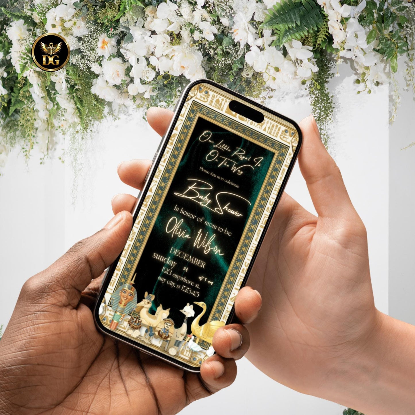 Royal Pharaoh Baby Shower Invitation | Emerald Green Velvet, Gold & White Egyptian Theme | Editable Canva Template for Digital or Print