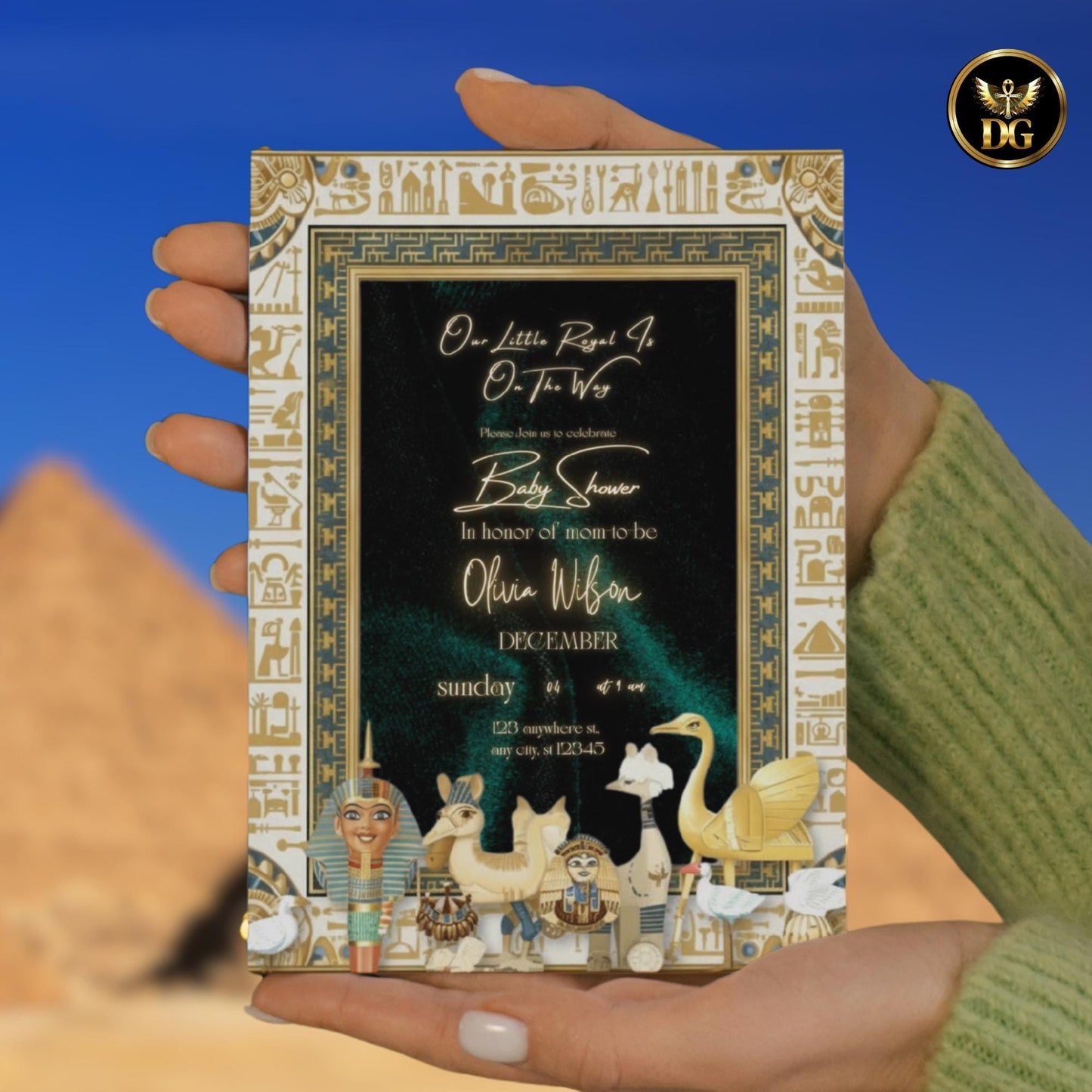 Royal Pharaoh Baby Shower Invitation | Emerald Green Velvet, Gold & White Egyptian Theme | Editable Canva Template for Digital or Print