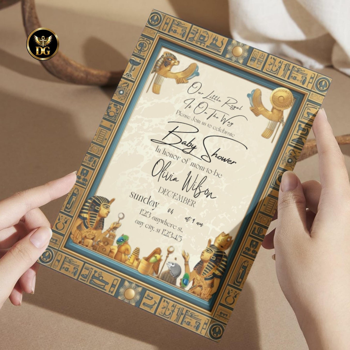 Egyptian Baby Shower Invite | Cream Gold Background & Brown Frame | Elegant Pharaoh Baby Party Editable Canva Template