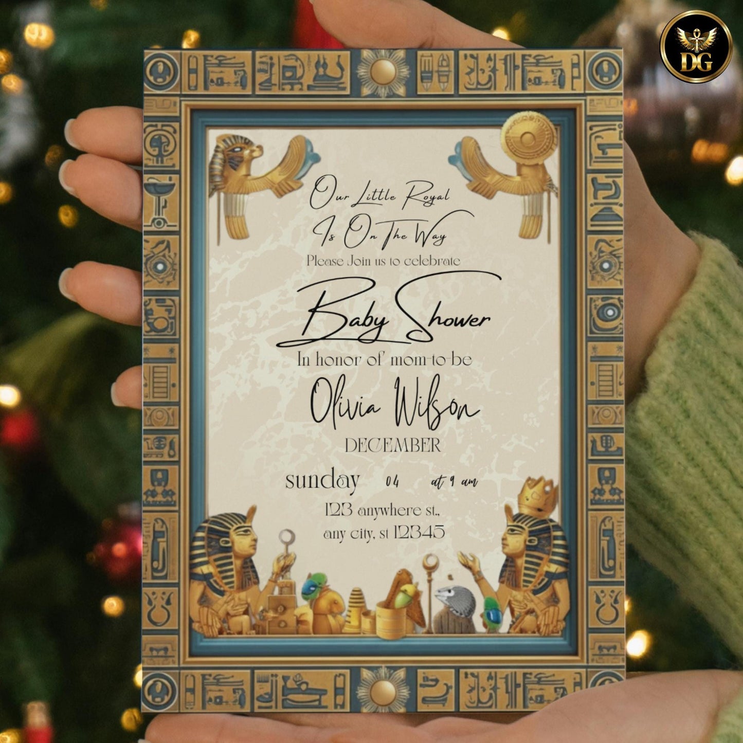 Egyptian Baby Shower Invite | Cream Gold Background & Brown Frame | Elegant Pharaoh Baby Party Editable Canva Template