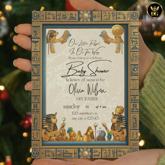 Egyptian Baby Shower Invite | Cream Gold Background & Brown Frame | Elegant Pharaoh Baby Party Editable Canva Template