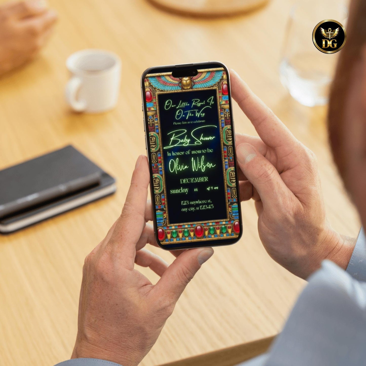 Egyptian Baby Shower Invitation | Navy Blue Velvet, Jewel Frame, Golden Scarab with Turquoise Wings | Editable Canva Template