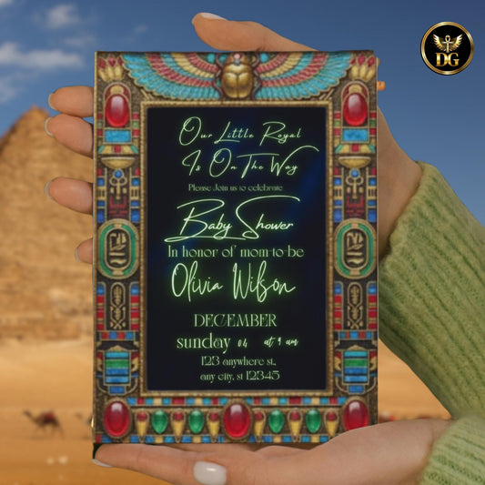 Egyptian Baby Shower Invitation | Navy Blue Velvet, Jewel Frame, Golden Scarab with Turquoise Wings | Editable Canva Template