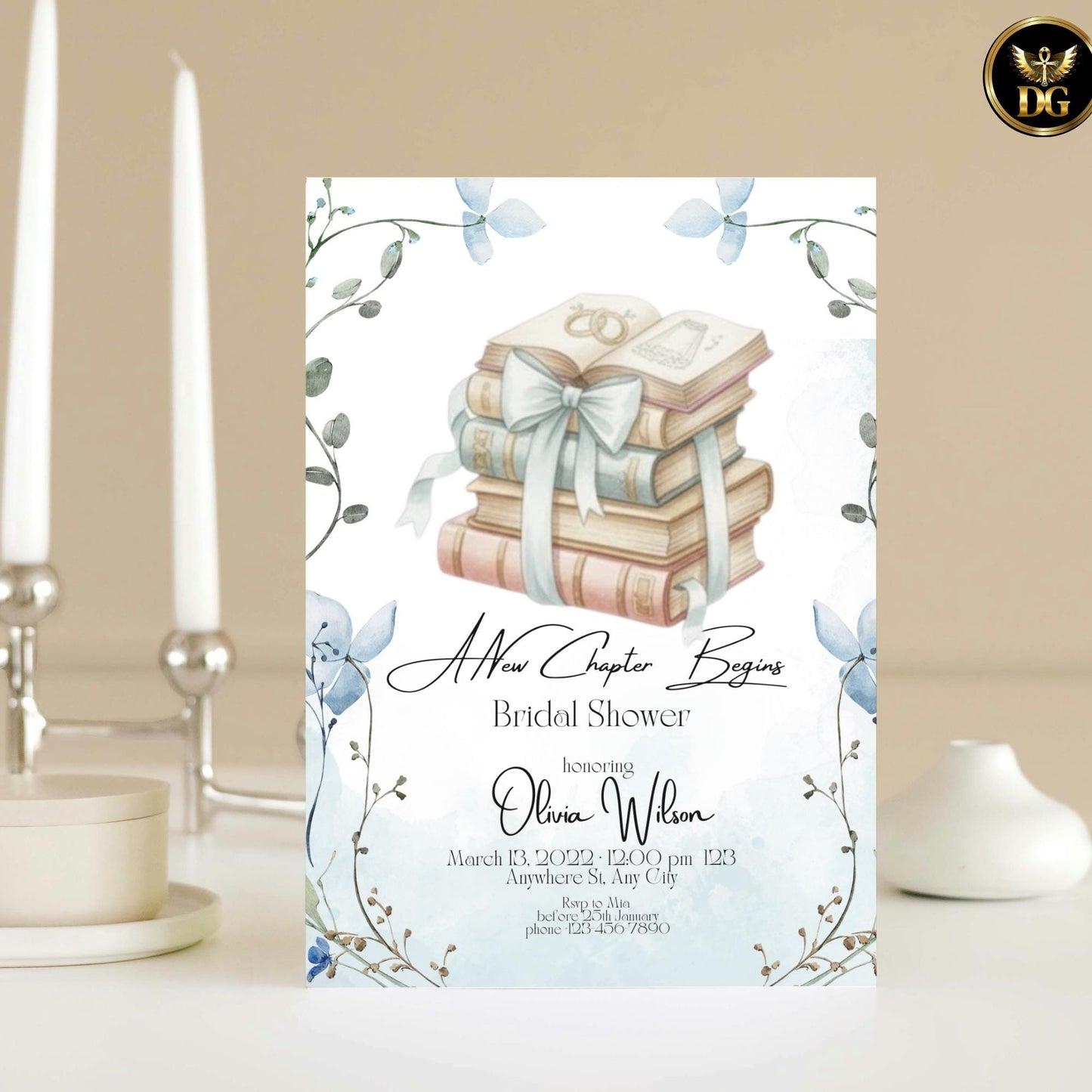 A New Chapter Begins Bridal Shower Invitation, Baby Blue Book Lover Bridal Shower, Literary Romantic Printable Invite 5x7