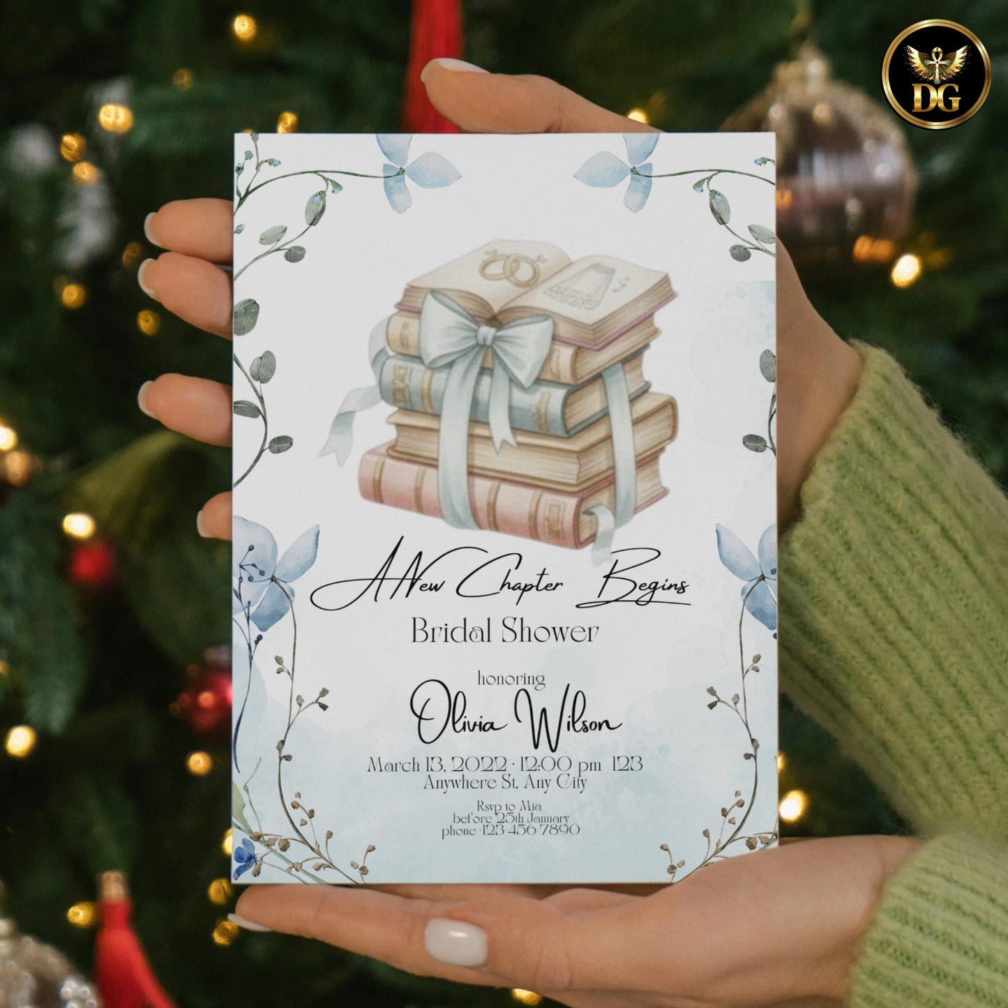 A New Chapter Begins Bridal Shower Invitation, Baby Blue Book Lover Bridal Shower, Literary Romantic Printable Invite 5x7