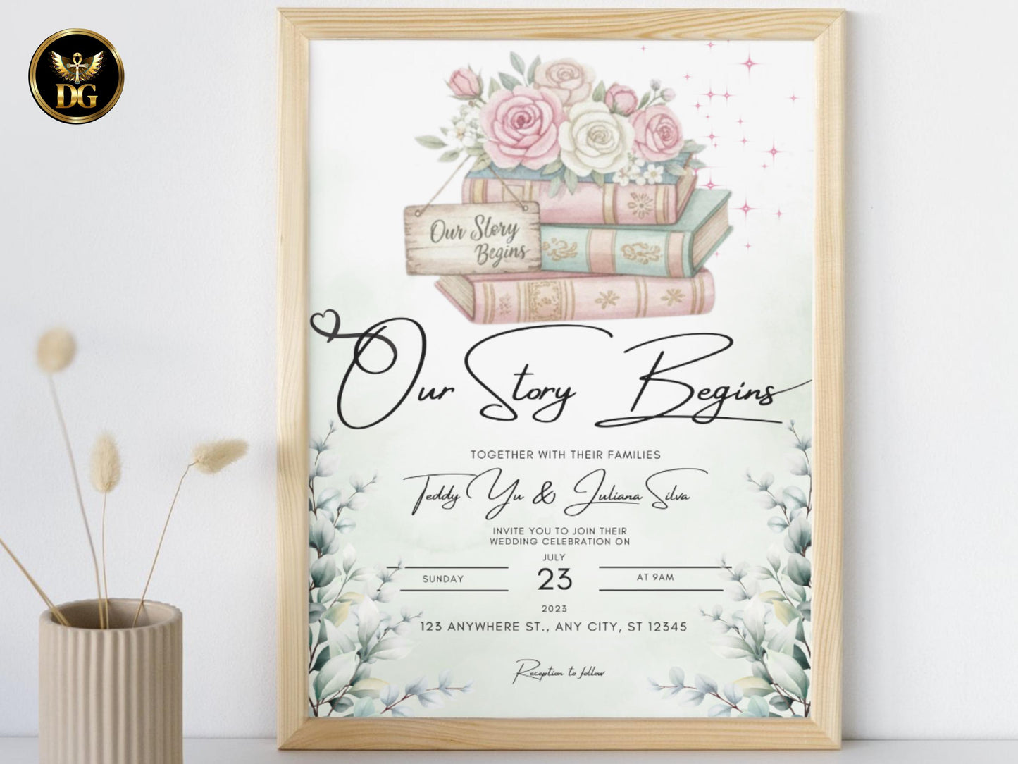 Our Story Begins Wedding Invitation Template – Watercolor Green Leaves, Pink Roses & Books, Editable Canva Digital Download