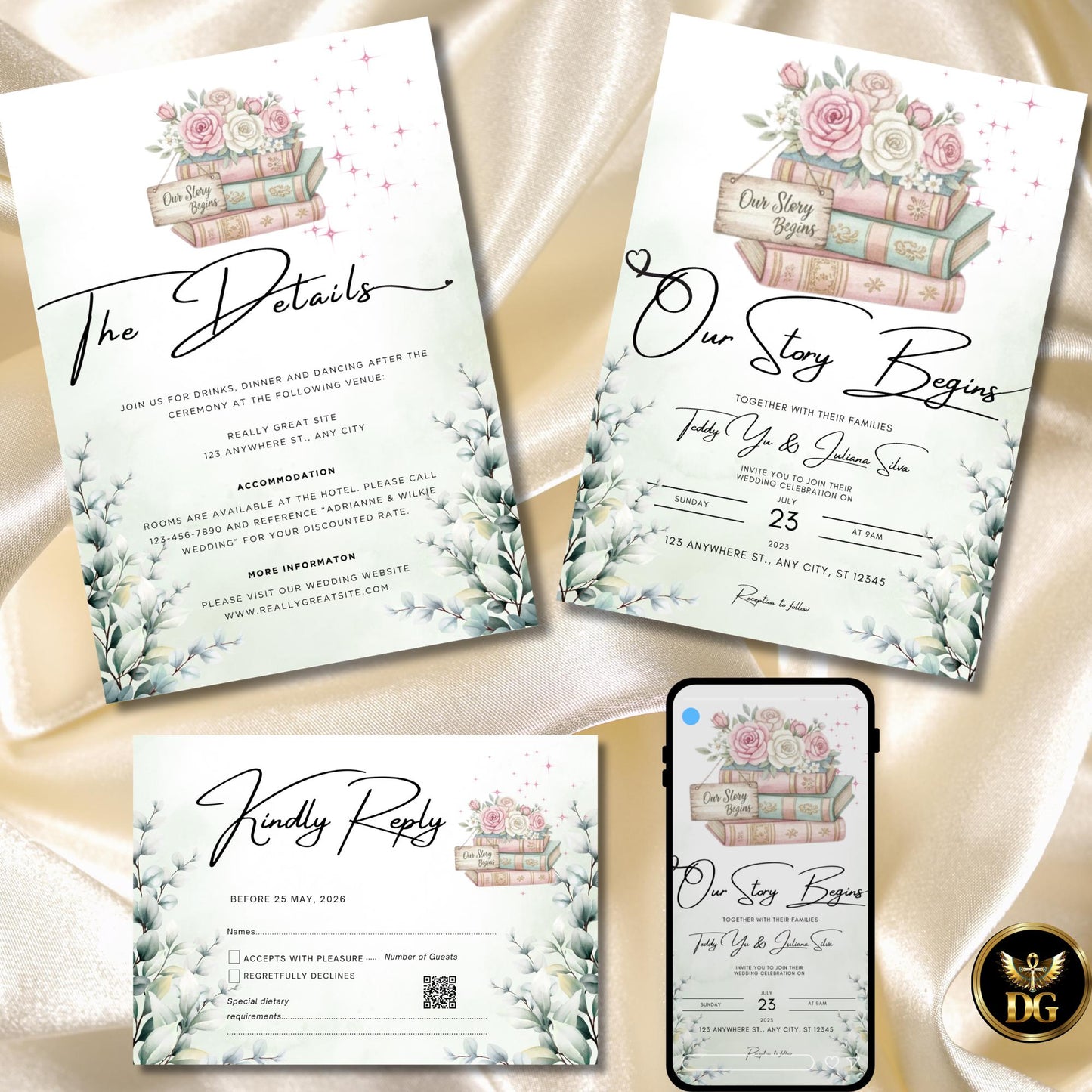 Our Story Begins Wedding Invitation Template – Watercolor Green Leaves, Pink Roses & Books, Editable Canva Digital Download