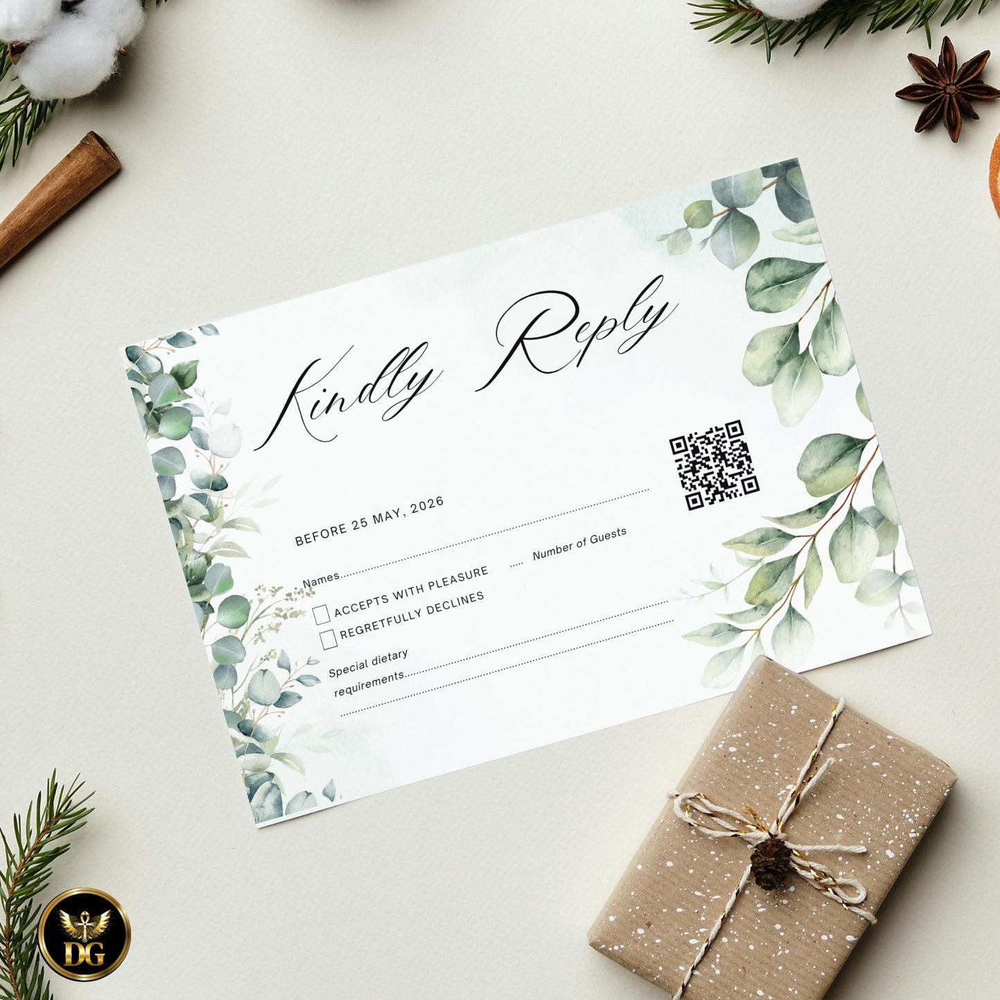 Light Green Wedding Invitation Template, Leafy Branches Editable Canva Suite, Boho Elegant Printable Invite