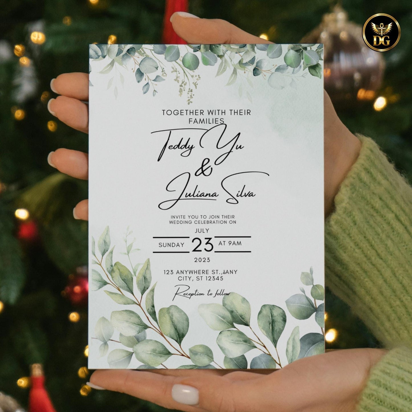 Light Green Wedding Invitation Template, Leafy Branches Editable Canva Suite, Boho Elegant Printable Invite