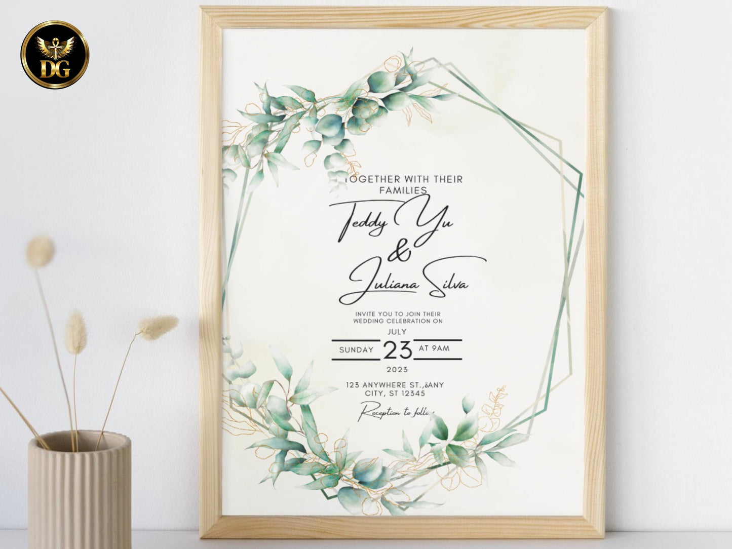 Soft Yellow & Gold Wedding Invitation Template, Botanical Wreath Editable Canva Suite, Elegant Printable Invite