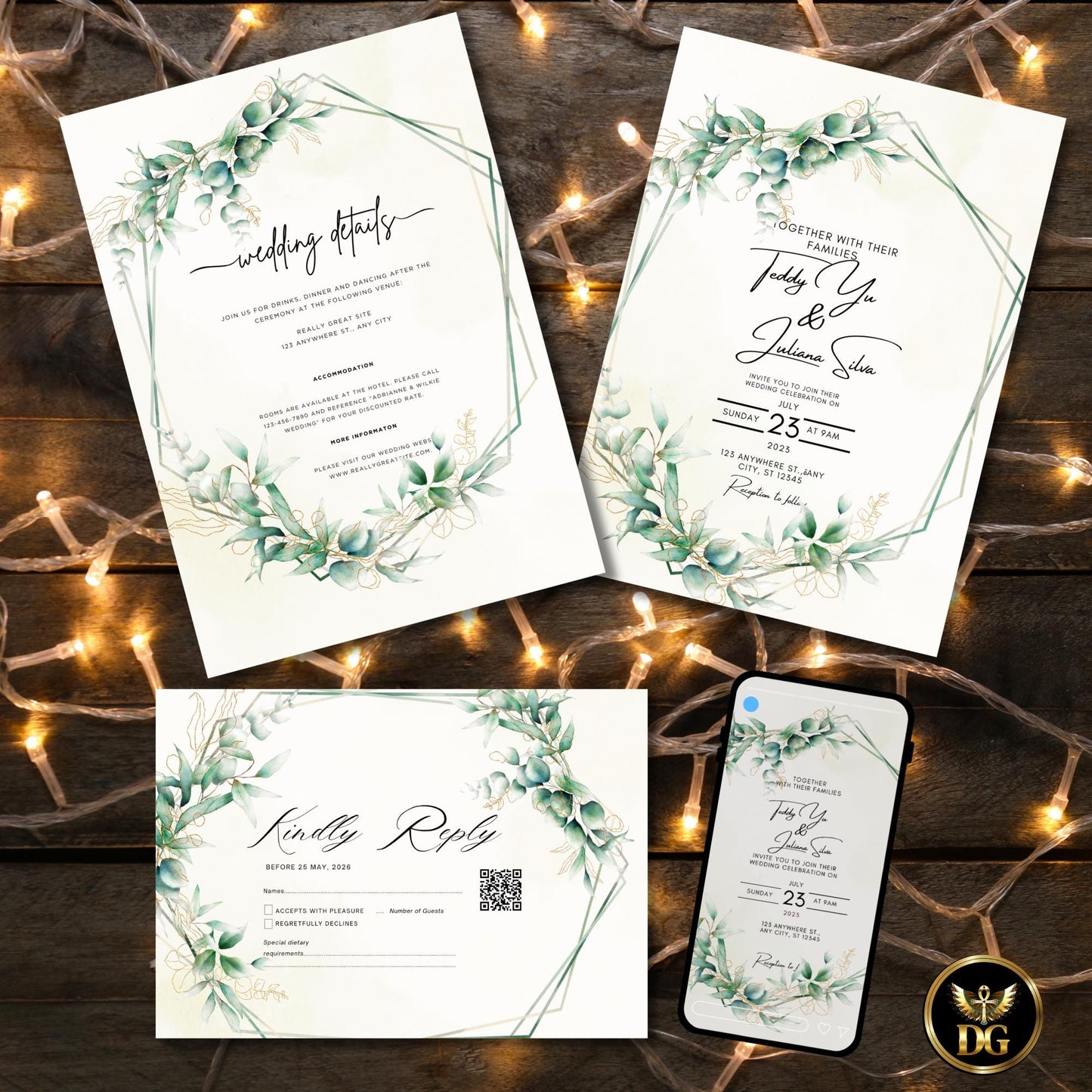 Soft Yellow & Gold Wedding Invitation Template, Botanical Wreath Editable Canva Suite, Elegant Printable Invite