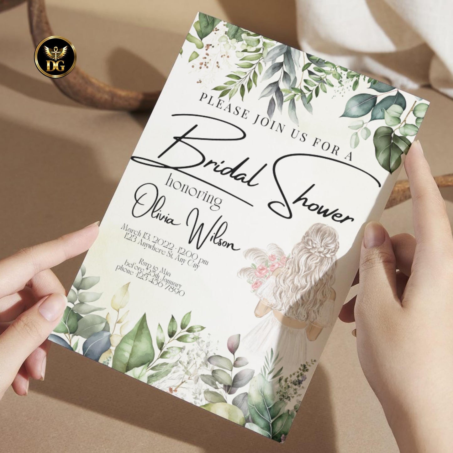 Into the Green Bridal Shower Invitation, Garden Watercolor Bride Invite, Botanical Editable Printable Digital Card