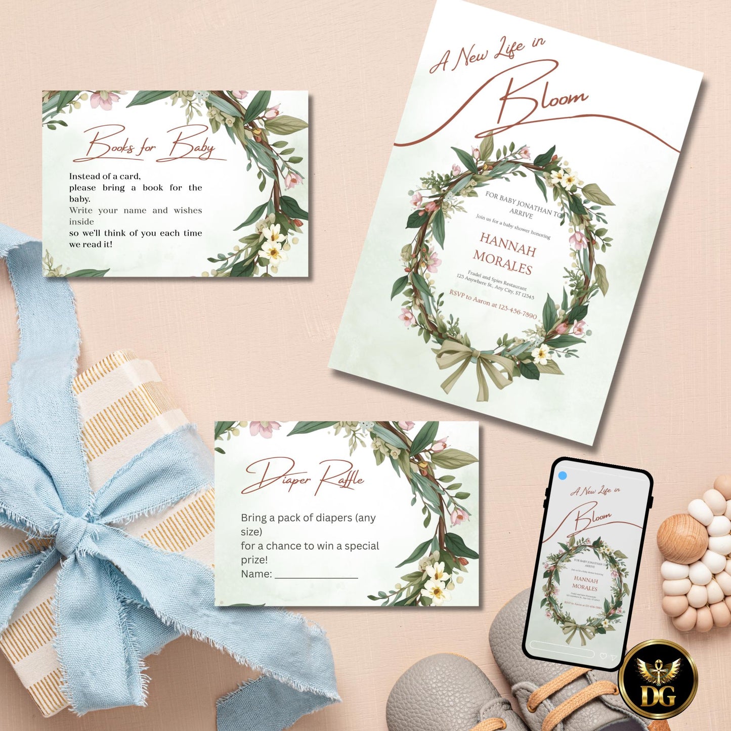 A New Life in Bloom Baby Shower Invitation, Botanical Green Watercolor Invite, Floral Wreath Editable Digital Card