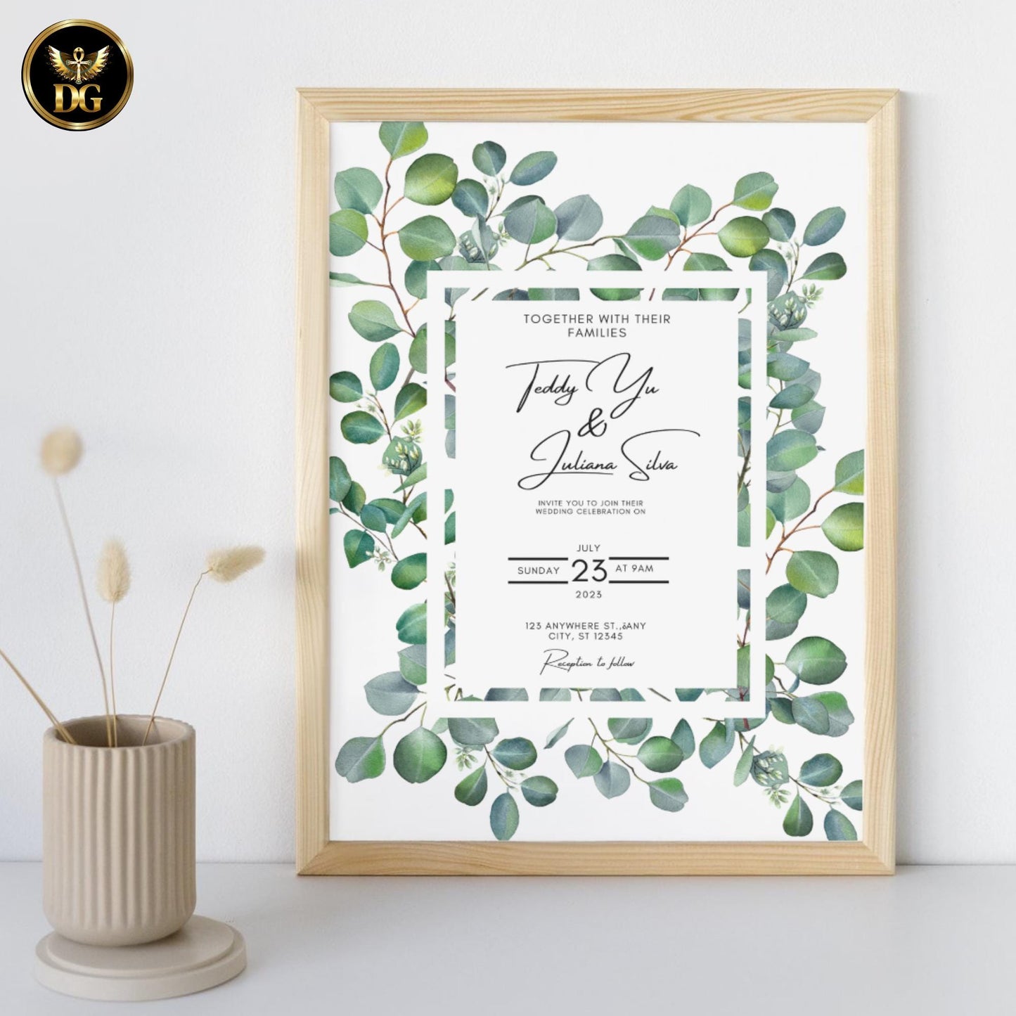 White & Greenery Wedding Invitation Template | Botanical Wedding Invite | Green Wreath Wedding Suite | Editable Canva Minimalist Wedding