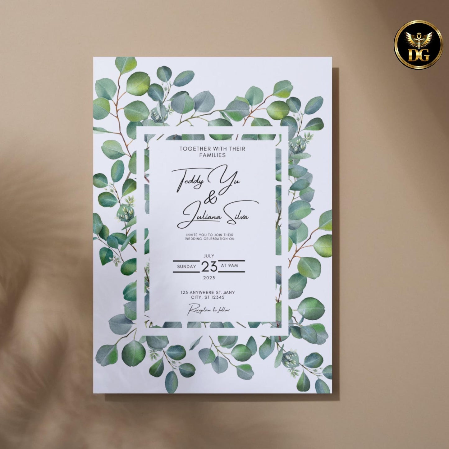 White & Greenery Wedding Invitation Template | Botanical Wedding Invite | Green Wreath Wedding Suite | Editable Canva Minimalist Wedding