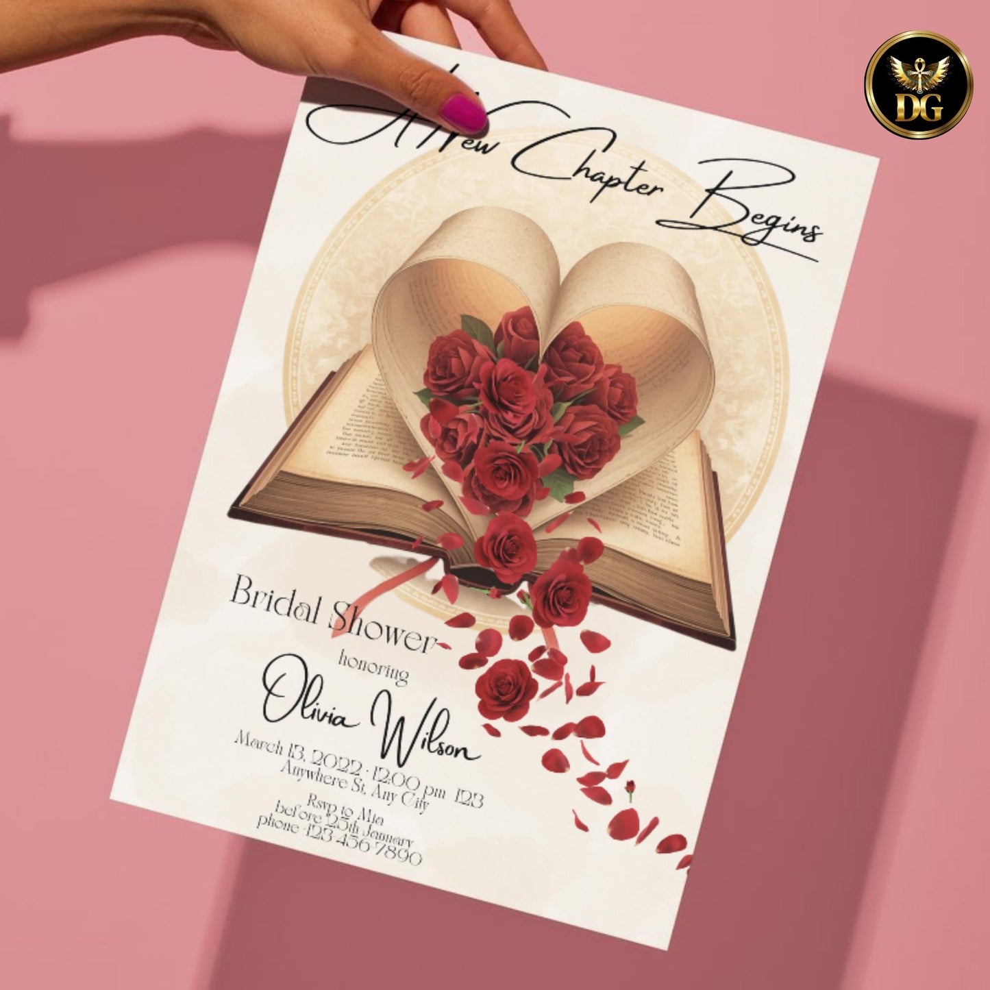 A New Chapter Begins Bridal Shower Invitation | Red Rose Heart Book Invite | Vintage Literary Bridal Shower | Editable Printable Digital