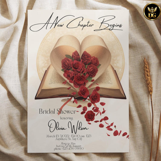 A New Chapter Begins Bridal Shower Invitation | Red Rose Heart Book Invite | Vintage Literary Bridal Shower | Editable Printable Digital