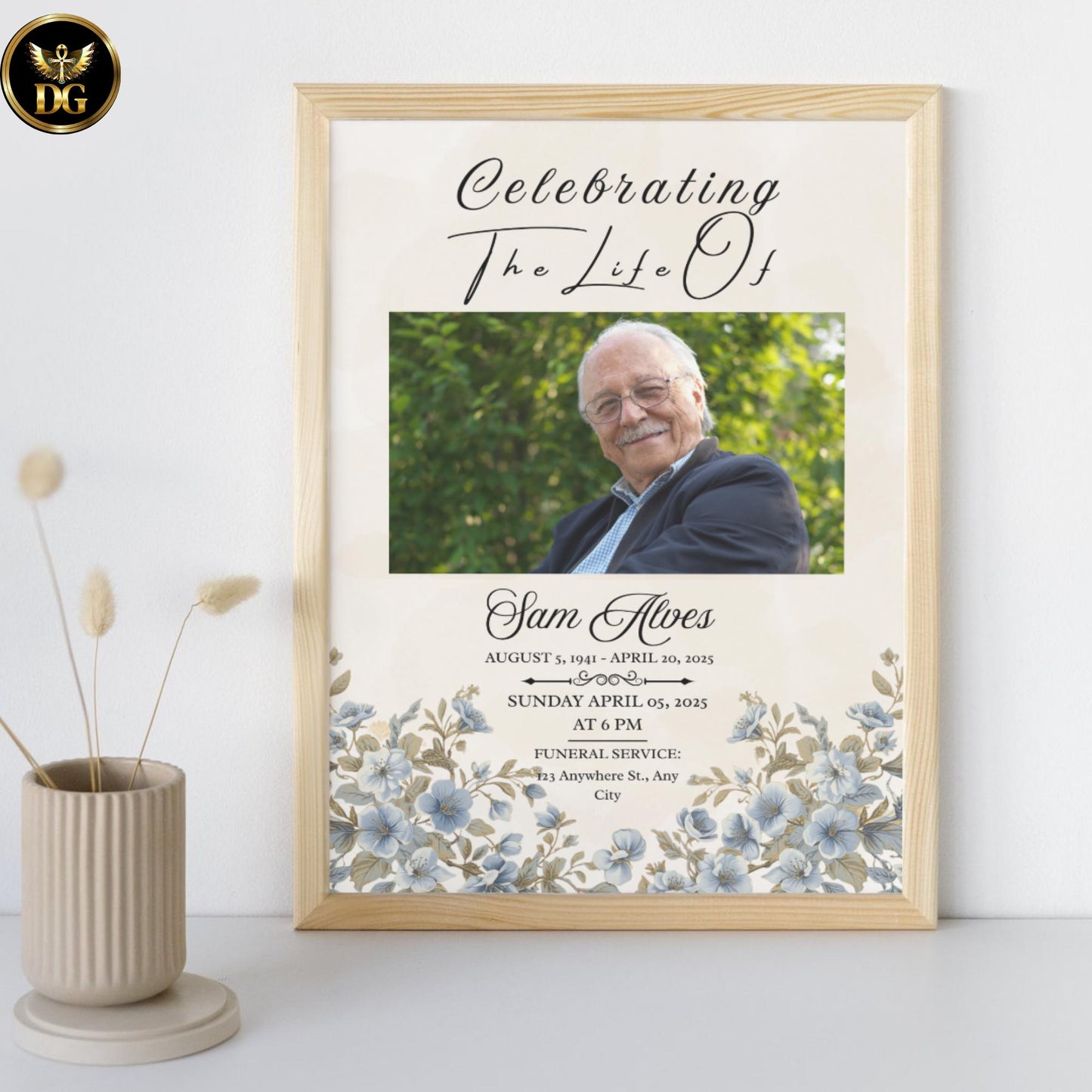 Funeral Invitation Template Beige Watercolor with Baby Blue Flowers Memorial Program Editable Canva Digital Download