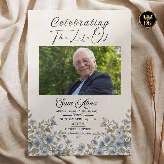 Funeral Invitation Template Beige Watercolor with Baby Blue Flowers Memorial Program Editable Canva Digital Download