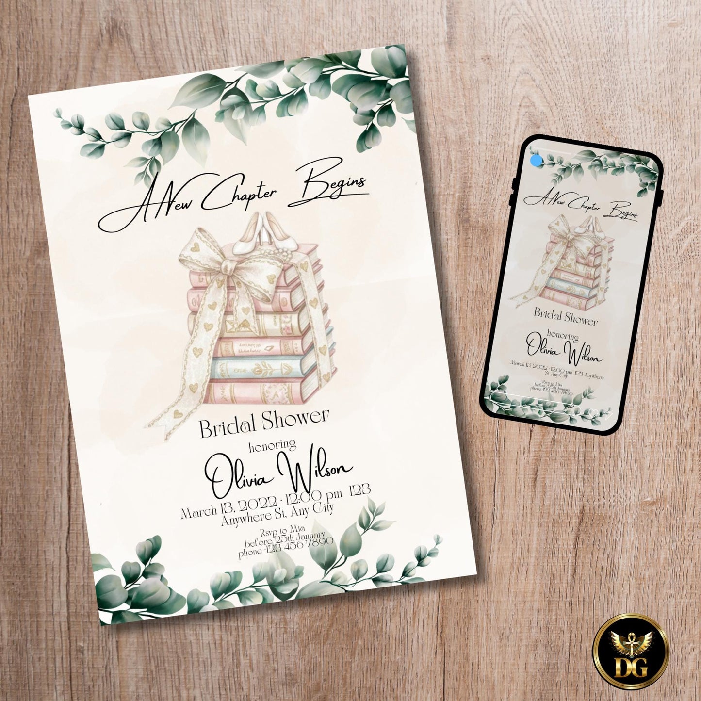 Bridal Shower Invitation Beige Watercolor Books with Ribbon and Bridal Shoes Botanical Elegant Editable Template