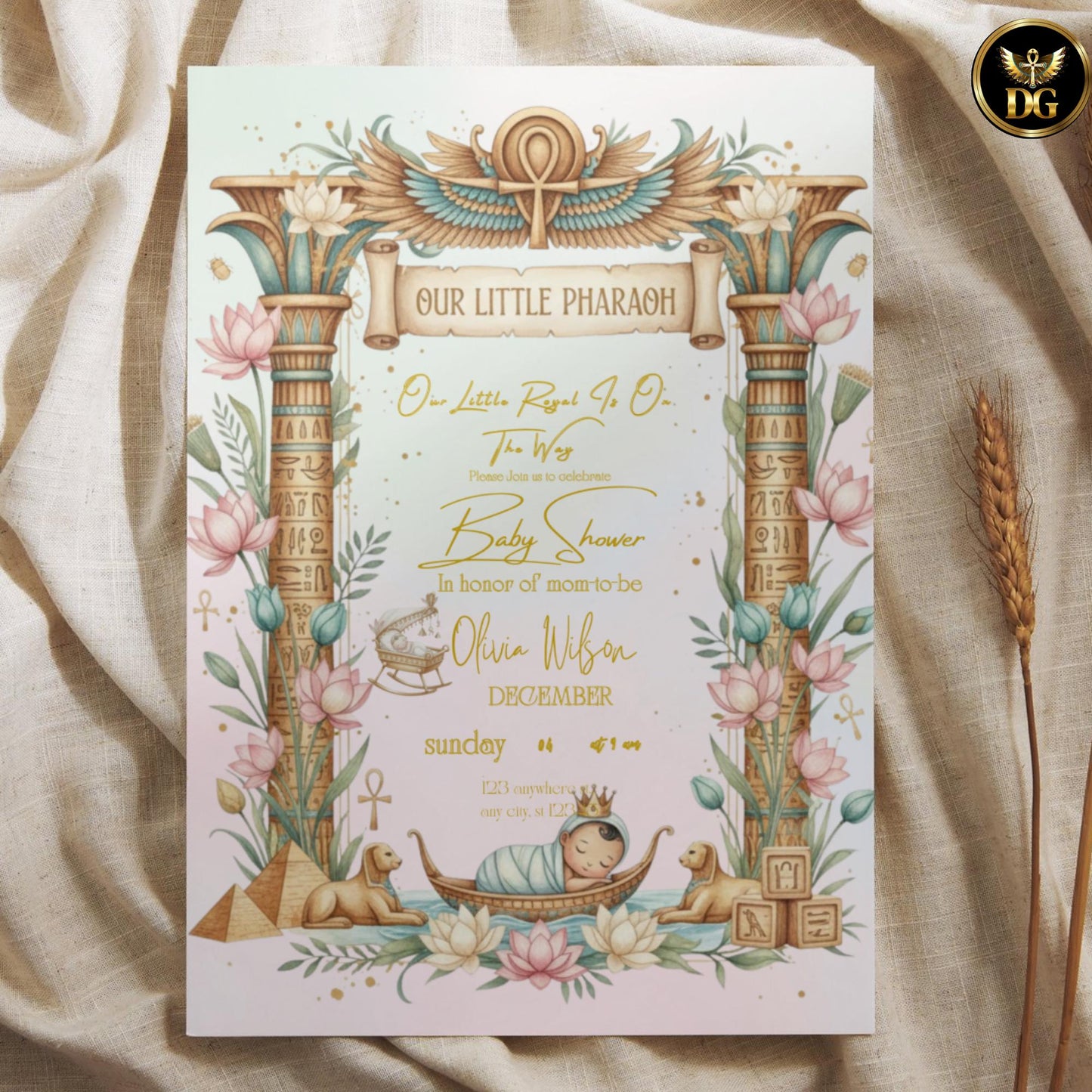 Pastel Egyptian Baby Shower Invitation Set Editable Canva Pharaoh Theme with Diaper Raffle and Books for Baby Digital Download