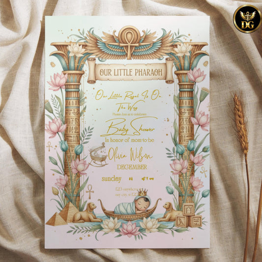 Pastel Egyptian Baby Shower Invitation Set Editable Canva Pharaoh Theme with Diaper Raffle and Books for Baby Digital Download