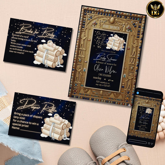 Egyptian Baby Shower Bundle Editable Canva Royal Pharaoh Invitation with Diaper Raffle and Books for Baby Luxury Digital Set