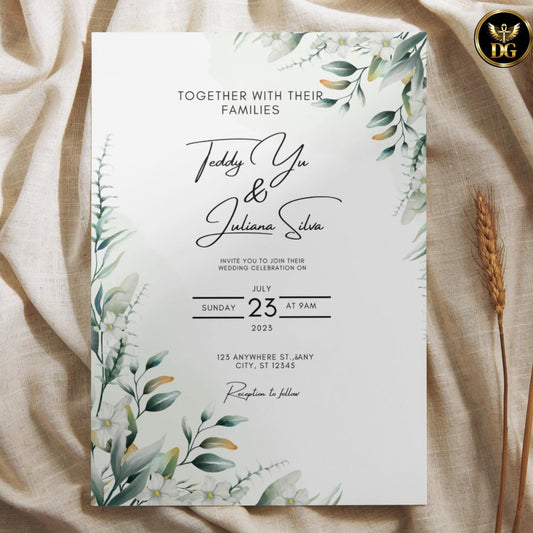 Olive Green Watercolor Wedding Invitation with Leafy Corners – Editable Canva Template for Elegant Botanical Garden Weddings