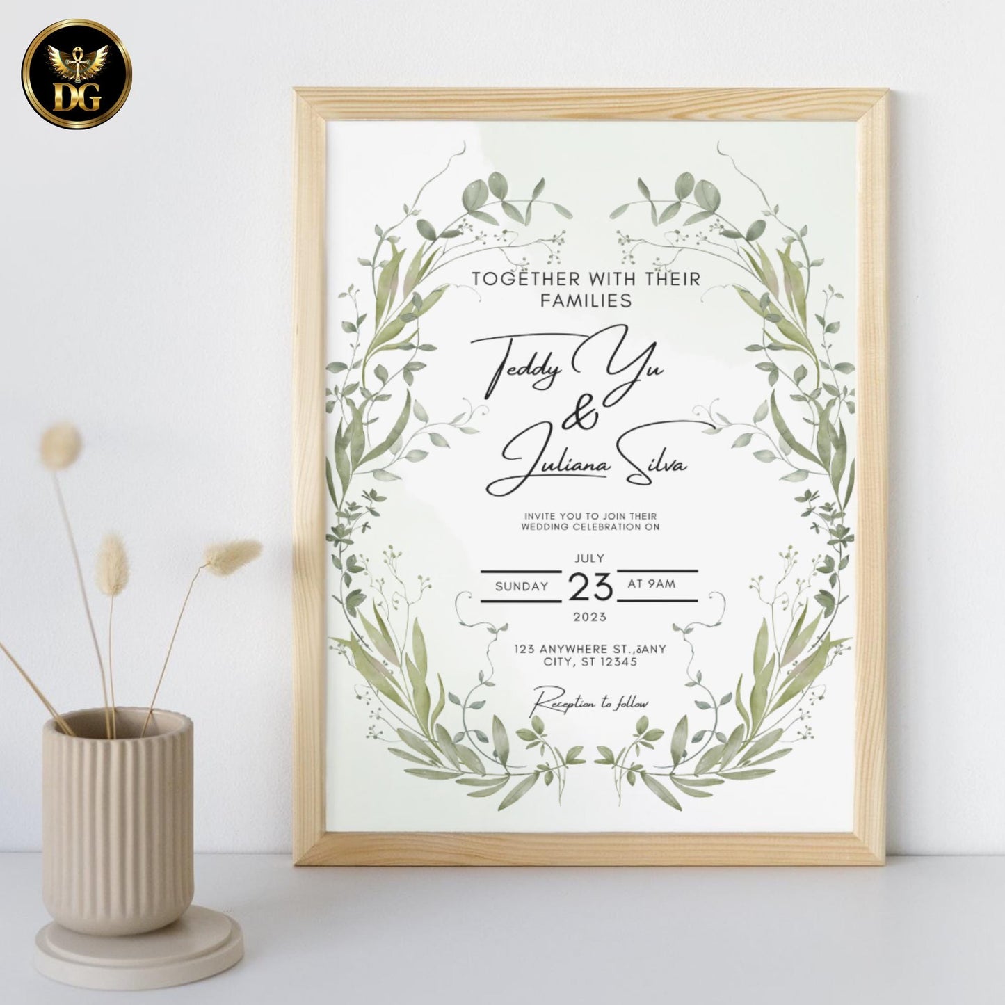 Olive Green Watercolor Wedding Invitation with Olive Leaf Wreath – Editable Canva Template for Elegant Botanical Weddings