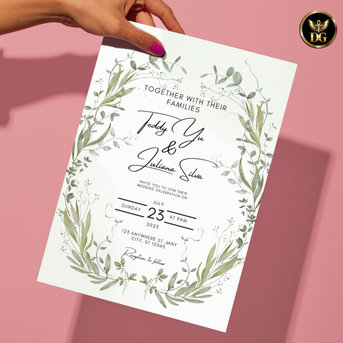 Olive Green Watercolor Wedding Invitation with Olive Leaf Wreath – Editable Canva Template for Elegant Botanical Weddings