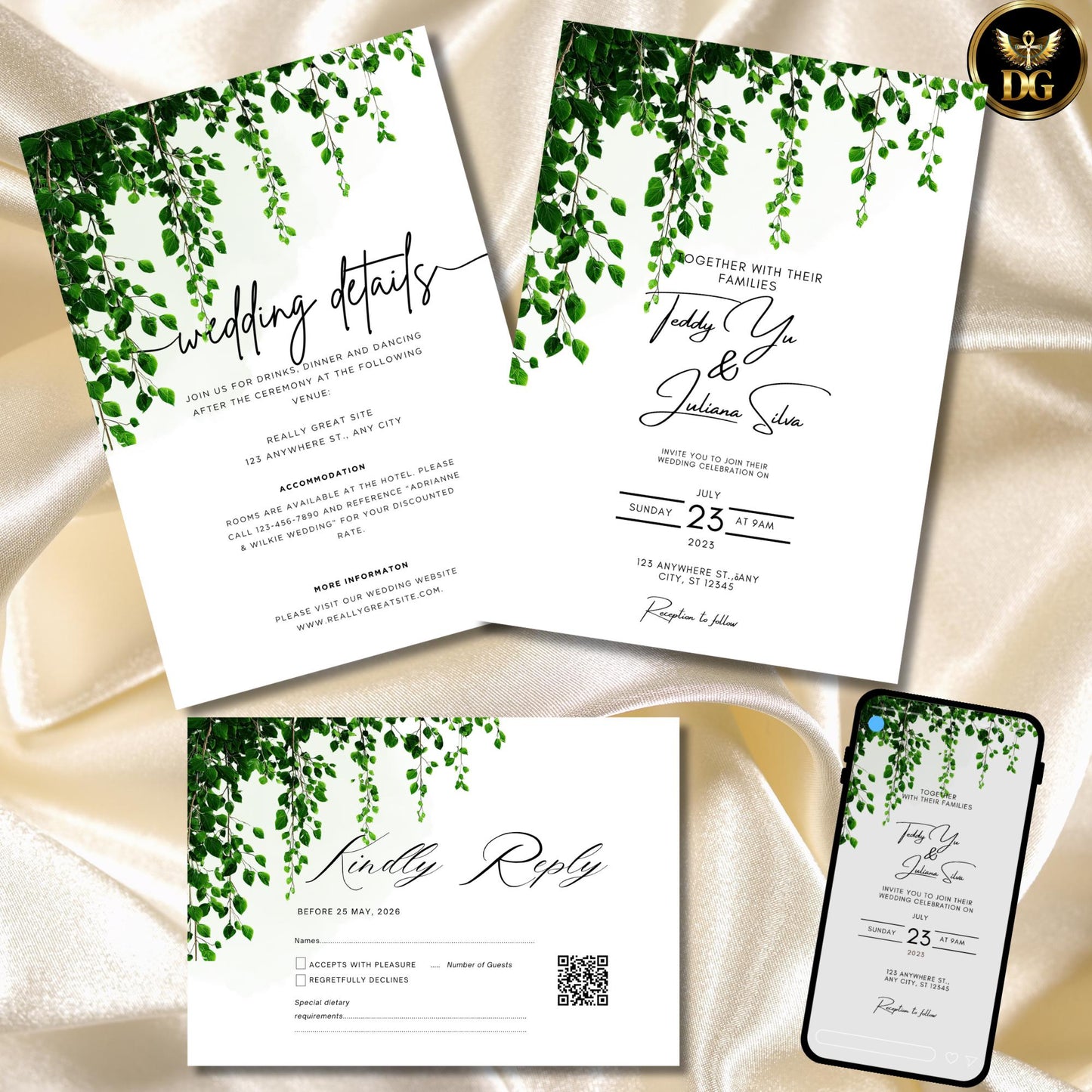 Ethereal Ivy Wedding Invitation | White & Soft Green Botanical Digital Suite | Editable Canva Template | Minimalist Garden Wedding Invite
