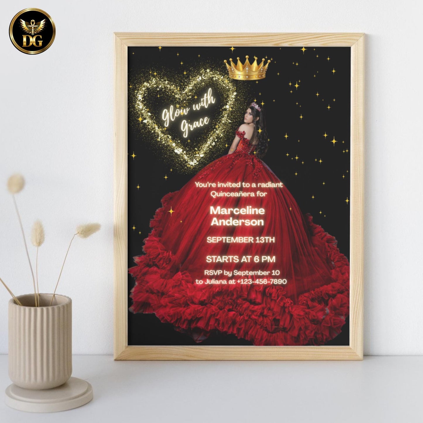 Birthday Invitation | Editable Digital Template | Red Dress, Black & Gold Glitter Heart Quinceañeras