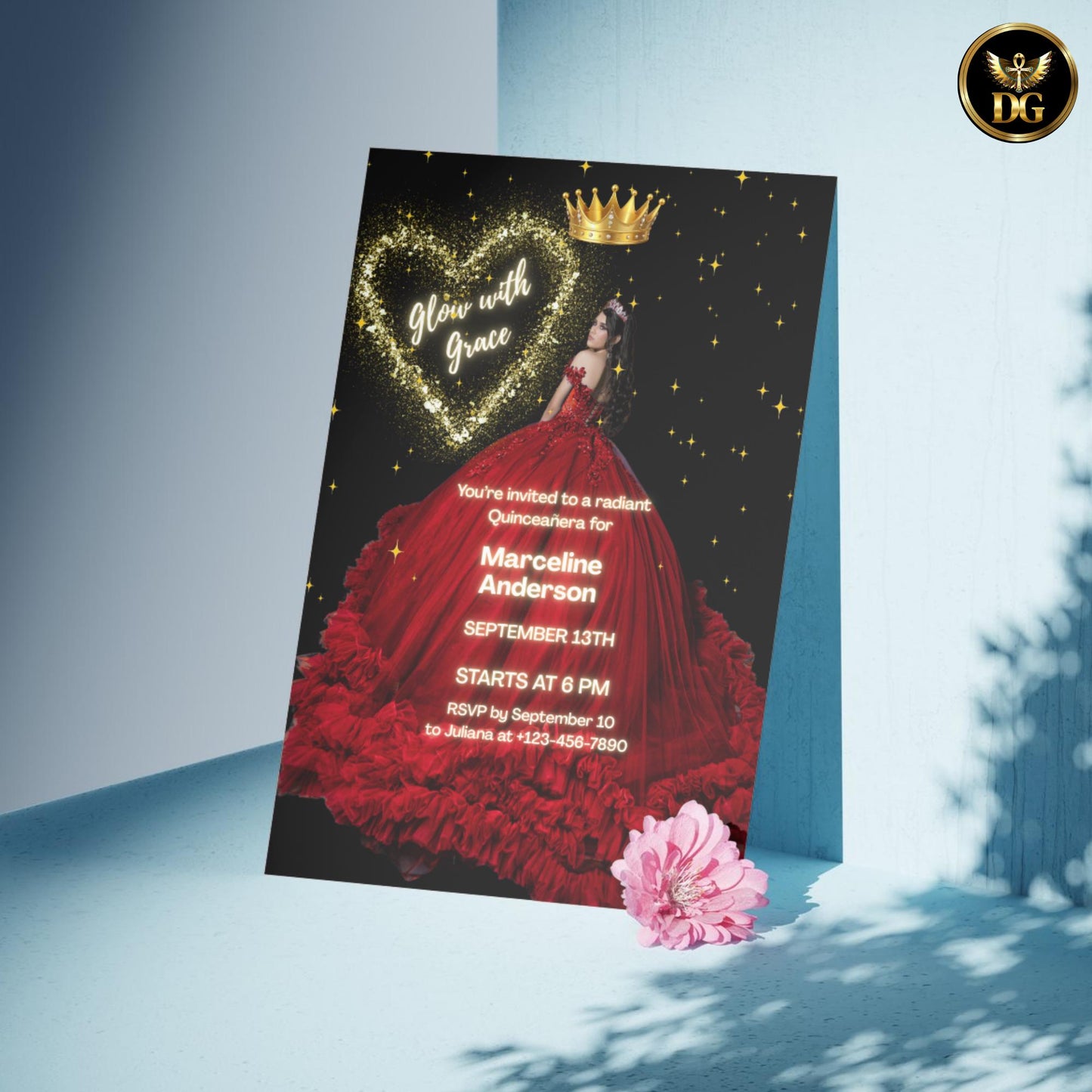 Birthday Invitation | Editable Digital Template | Red Dress, Black & Gold Glitter Heart Quinceañeras