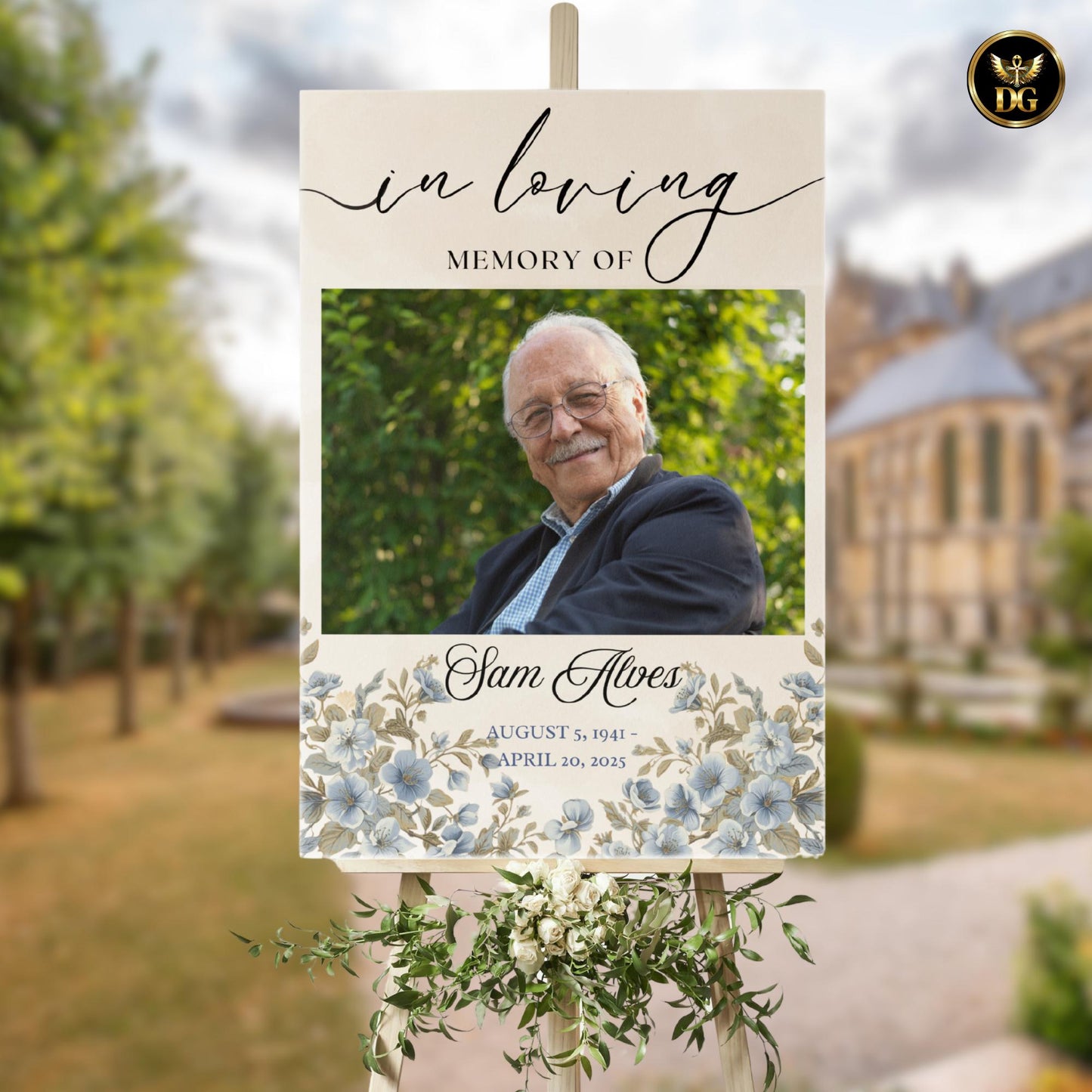Funeral Welcome Sign Beige Watercolor with Baby Blue Flowers, Memorial Welcome Poster Editable in Canva, Celebration of Life Sign