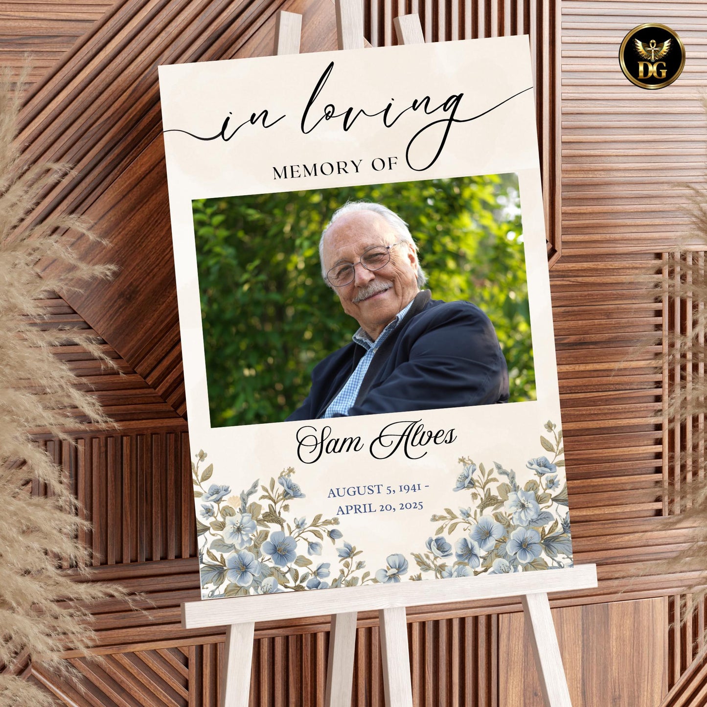 Funeral Welcome Sign Beige Watercolor with Baby Blue Flowers, Memorial Welcome Poster Editable in Canva, Celebration of Life Sign