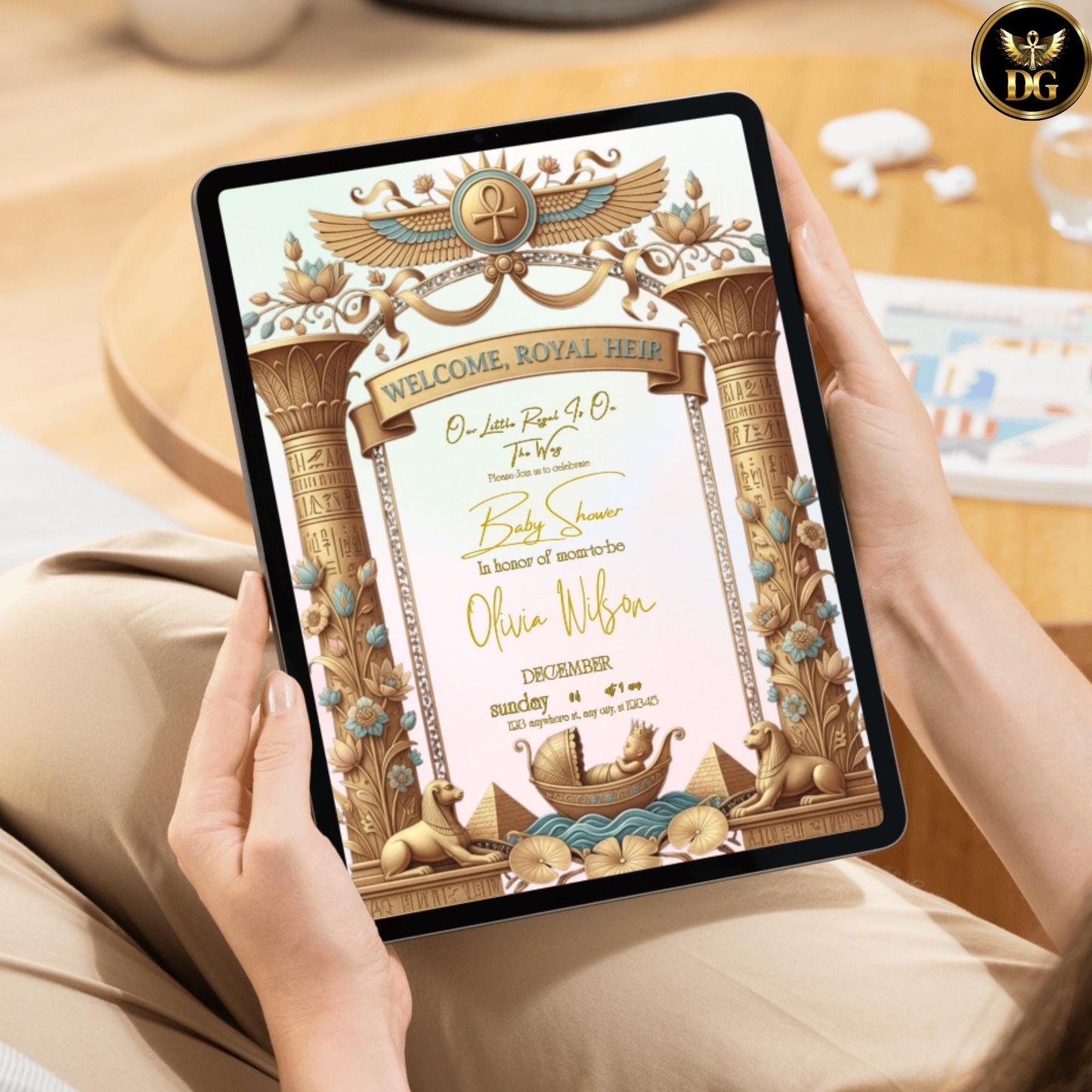 Welcome, Royal Heir – Pastel Egyptian Baby Shower Invitation with Gold Frame & Baby Boat | Editable Canva Template