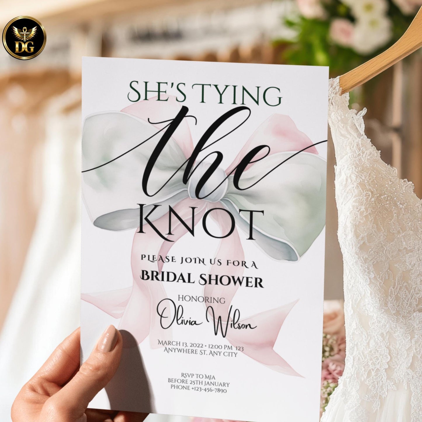 Elegant Pink Bow Bridal Shower Invitation with White Background Soft Green Accents Luxury Feminine Digital Printable Wedding Party Invite