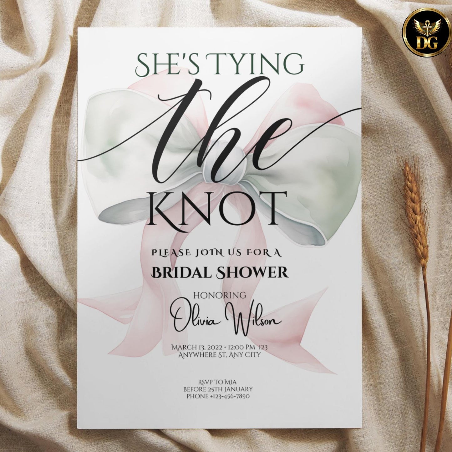 Elegant Pink Bow Bridal Shower Invitation with White Background Soft Green Accents Luxury Feminine Digital Printable Wedding Party Invite